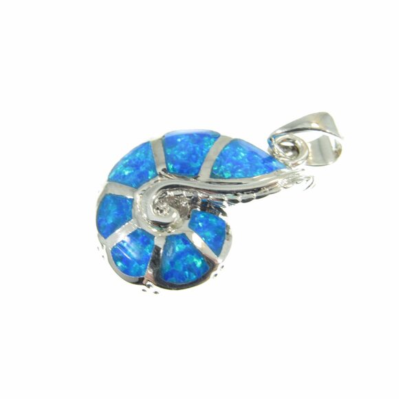 Solid 925 Sterling Silver and Blue Opal Nautilus Seashell Ammonite Pendant - Picture 8 of 10